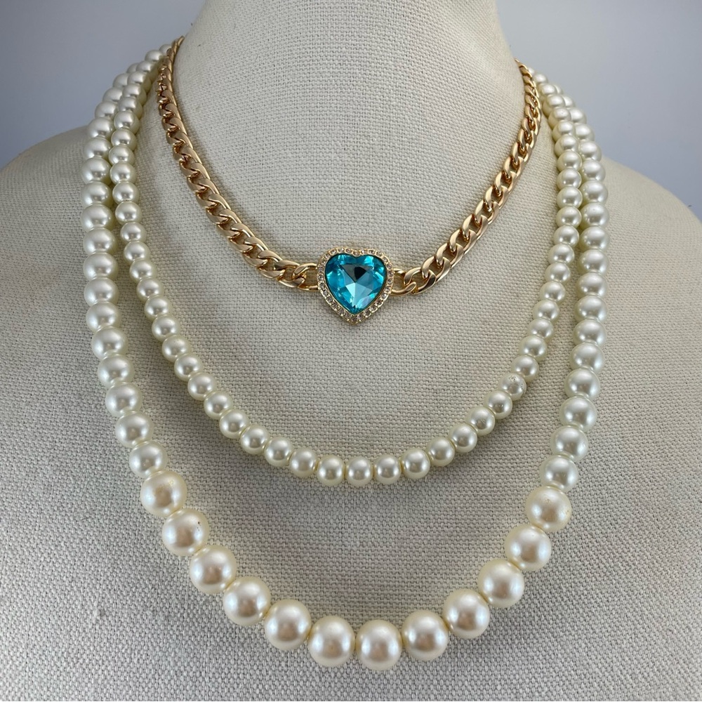 White Glass Pearl Gold Tone Layered Necklace Chunky Artisan Handmade Crafted